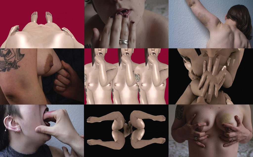 A 3x3 grid of landscape images from the artwork. Clockwise from top left: a perspective view of the artist, a white digital avatar body with breasts. The body is pictured on a dark pink background, and the arms are at the sides. A picture of the artist, from the lower face to the shoulders. The artist is laying down, and their hand is in front of their slightly parted lips, wet with spit; their nails are dark red and short. A picture of the artist facing a white textured wall. Her arm is raised toward the left side of the frame, while her head is turned toward the right bottom corner. She has shoulder length brown hair and a large bruise on her left arm. The image defines her back muscles. An image of two avatars face to face. Their hands intertwine and go through one another to touch one another’s mouths. The background is black. A picture of a white person sitting on a bed, pictured from the upper chest to the upper stomach. They have tattooed arms, and are grabbing their breasts so that all of their fingers are splayed out. They have a bright yellow bruise on their left breast. An image of two white digital avatars facing one another with their legs kneeling and splayed apart, face to face, viewed from the bottom. Their genitalia is visible. A picture of a white person with smeared lipstick, visible from the lower half of their face to the upper chest. They are in ¾ view and someone else’s hand is in their mouth. A side view close up of the artist’s nipples, one of which is being pinched. Center image: Three digital avatars of the artist complete with tattoos and hair, with their fingers in their mouths, on a pink background. They overlap one another slightly. 