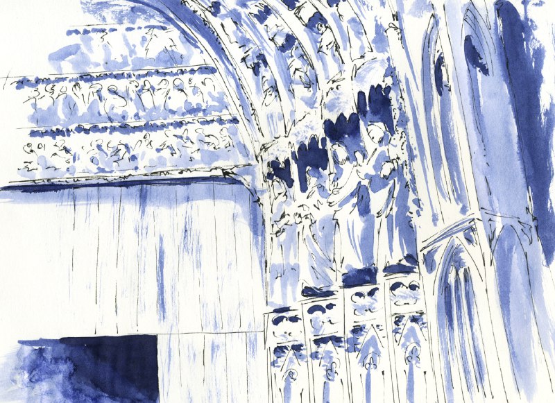 Dark blue watercolor drawing of sculptures decorating the upper part of the church entrance. Some outlines are emphasized with a black marker.