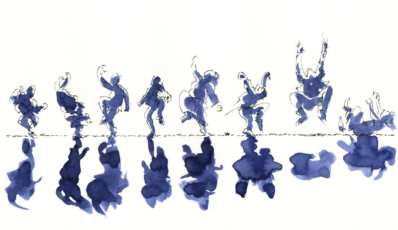 Dark blue watercolor drawing eight people dancing side by side in a row. Their body outlines are emphasized with black marker lines. Each of them casts a dark shadow.