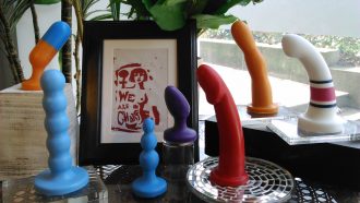 On a tabletop by a lit window and an indoor plant, seven brightly-colored dildos and anal toys all with flared-bases are placed on various coasters, blocks of wood, and CD cases. There is a framed print in red-ink behind the toys of a person and the “female” sign that reads “WE ARE IN CHARGE”.