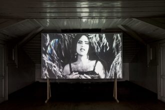 Installation view. In the center of a dark room, a black and white video is projected onto a screen. In the video, a person is standing amongst tree branches with long skinny leaves. The person has their hair down, bold makeup outlining their eyebrows, eyes, and lips. They’re wearing a black strappy top, and some dark chest hair is visible. A line of subtitles overlays their hands in front of their chest reading “Melancholy wraps around me”.