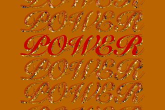 The word 'power' repeated over and over down the middle of the image, in red and in gold glitter layered on top of each other on a dark yellow background. One 'power' in the middle of the screen is brighter red.