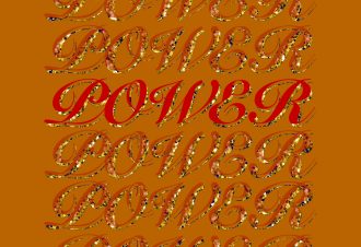 The word 'power' repeated over and over down the middle of the image, in red and in gold glitter layered on top of each other on a dark yellow background. One 'power' in the middle of the screen is brighter red.