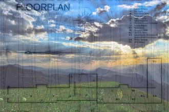 The floorplan for the lucky exhibition superimposed over an idyllic green landscape of hills in a sunset. the effect is meant to be ironic.