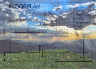The floorplan for the lucky exhibition superimposed over an idyllic green landscape of hills in a sunset. the effect is meant to be ironic.