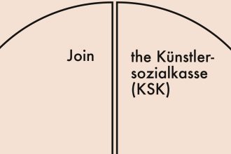 A tan paper cover with the words "Join the Künstlersozialkasse (KSK)" in black letters in two half circles.