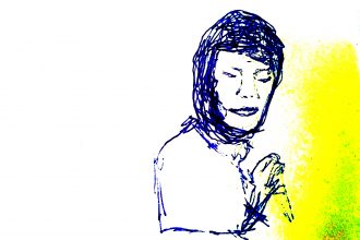 A sketch in blue ballpoint pen of a person with a head covering holding an object. A yellow-green ghost is to the right of the figure. The left side of the frame is blank. The levels of the image have been adjusted to make the contrast appear more extreme.