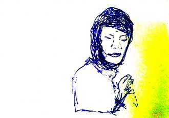 A sketch in blue ballpoint pen of a person with a head covering holding an object. A yellow-green ghost is to the right of the figure. The left side of the frame is blank. The levels of the image have been adjusted to make the contrast appear more extreme.