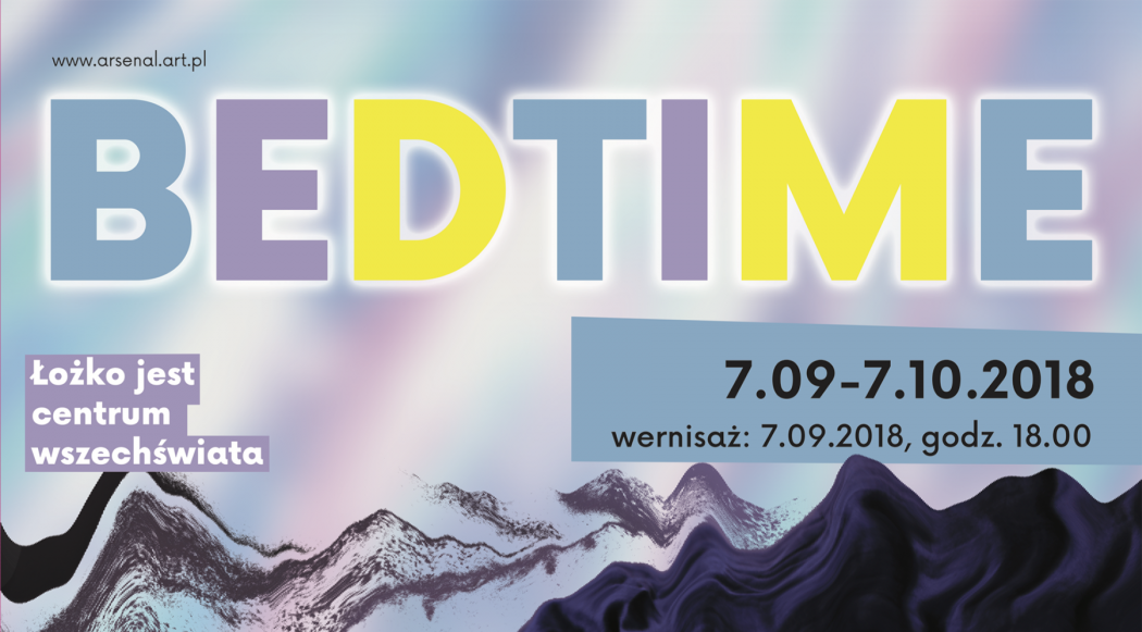 Cropped poster for Bedtime exhibition. The background is a series of purple, blue, white, and black distorted shapes. Bedtime is across the top in alternating blue, purple, and yellow letters.