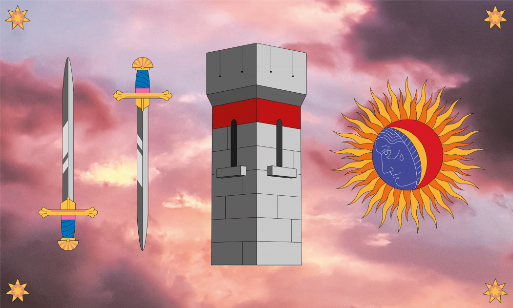 An image of several illustrated color images on a pink photographic sunset background. On top of the photo, from left to right, are: A sword with a blue handle pointing upward, a sword with a blue handle pointing downward, a grey stone block square tower with small windows and a red band below the ramparts, and a sun in gold with a blue shadow with a white outline of a crying person in it and a red highlight. There is a small golden multi-point star in each corner of the image.