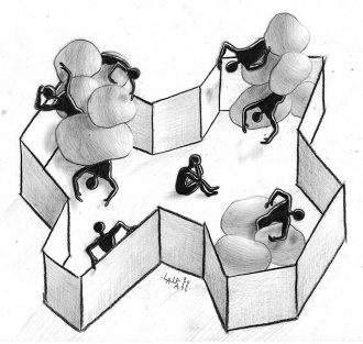 A pencil style drawing of a bunch of small black non-detailed figures trapped in an interior space made of 2D walls. Some of the figures are in motion, bouncing chaotically off one another, and others are struggling to leave the enclosure or sitting alone. The tone is sad and trapped.