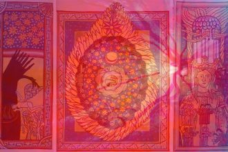A triptych of three drawings by Hildegard von Bingen with an abstracted red, pink and blue retina laid over top.