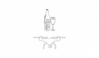 A detail of a black and white line drawing from the zine. The drawing depicts a bottle of wine with curly graphics on the label, and a full glass of wine next to it to the right. Underneath, the outline of a four propeller drone with a camera is centered. The line drawings are on a white background.