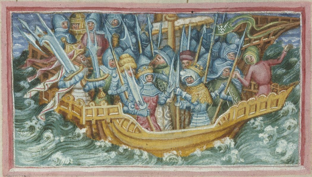A 15th century depiction of Ivar and his brother Ubba sailing to England. Ivar and Ubba stand in the front of the ship each wearing armor, a weapon resembling a spear and a crown. They are surrounded by multiple people also wearing armor and holding up weapons. The waves and clouds that surround the ship indicate a stormy sea.
