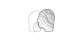A black line drawing on a white background by Andres Aragoneses, featuring the silhouettes of two heads, facing one another closely. The silhouette in the foreground is decorated with wavy lines, positioned with its mouth close to the ear of the silhouette in the background, which is decorated with dots around where the voice of the front head might be whispering or breathing.