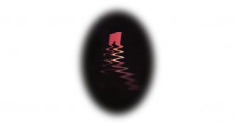 A vertical oval black shape on a white background. Inside the solid black oval, a red orange shape similar to a rock formation or brushstroke disappears into a stylized zig zag pattern that looks like reflections of light on water. At the top of the shape, the black outline of a person wearing a cowboy hat is visible. The black oval has feathered edges.
