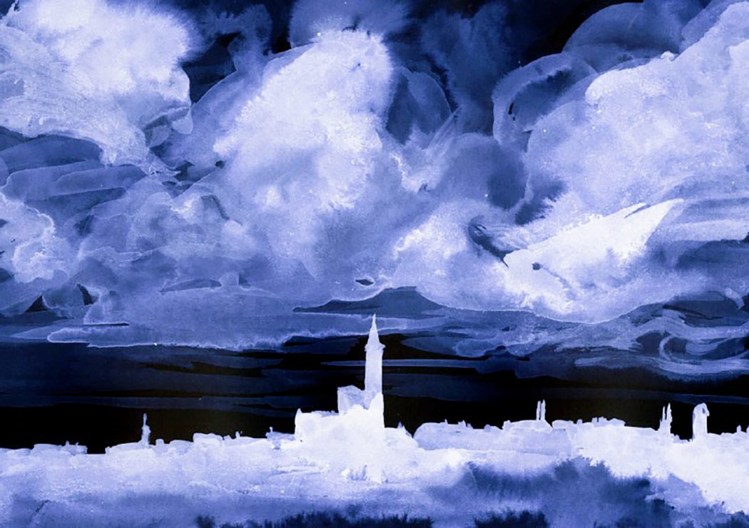 A negative image of a dark blue watercolor drawing. It is a landscape panorama showing a small village with a church in the middle. Above the village there are thick stormy clouds.