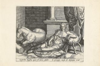A print on paper made from an engraving. The image is of a noble-looking woman with a fancy dress and exposed breasts, long hair curling to her shoulders, and a listless expression on her face staring into space frontally. She is leaning on a poof chair, and is seated on the floor. Some architectural elements are visible around her, with a column behind her. To the left of her and slightly behind, a donkey lays on the floor with its feet curled underneath, durned away from the point of view with one eye visible in profile.