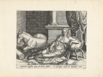 A print on paper made from an engraving. The image is of a noble-looking woman with a fancy dress and exposed breasts, long hair curling to her shoulders, and a listless expression on her face staring into space frontally. She is leaning on a poof chair, and is seated on the floor. Some architectural elements are visible around her, with a column behind her. To the left of her and slightly behind, a donkey lays on the floor with its feet curled underneath, durned away from the point of view with one eye visible in profile.