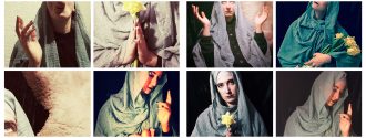 A grid of eight photos. Each of the photos shows the same person, dressed as the Virgin Mary and in typical poses of holy figures. Through the self-assembled clothing and details like an egg in a mouth, the photos appear ironic.