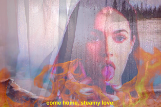An image of Megan Fox from Jennifer's Body projected on a white curtain, with flames across the bottom of the screen and "come home, steamy love" in yellow text across the bottom.