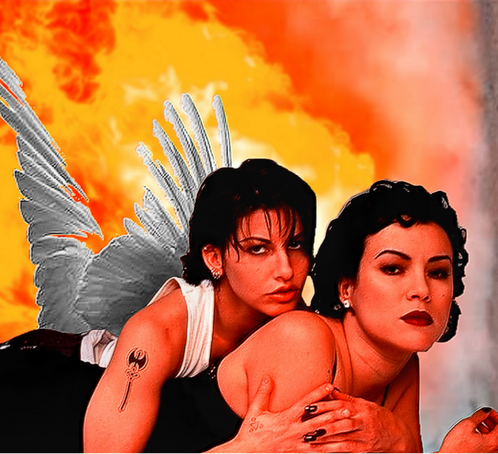 A collage of Corky and Violet from the film Bound. Corky is behind Violet and has white angel wings, and stylized flames are visible in the background.