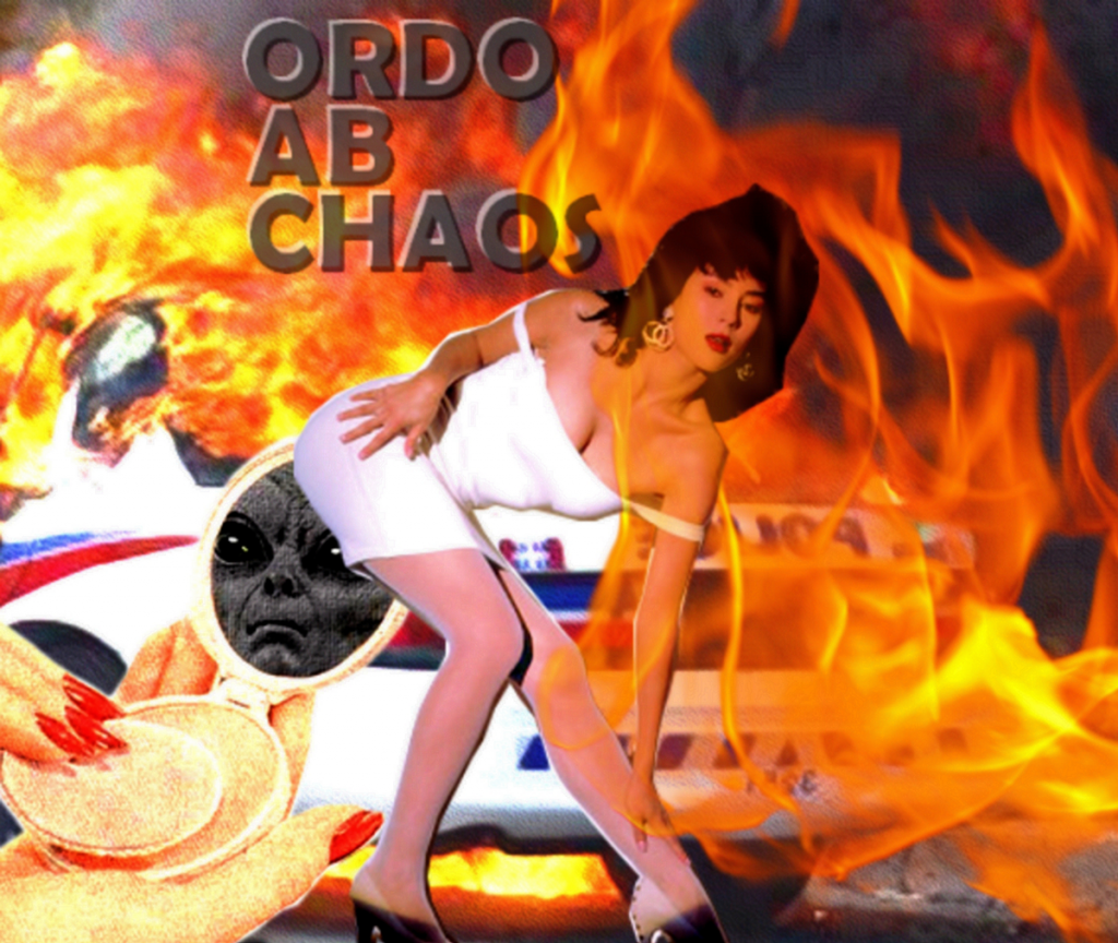 A collage of a light skinned person bending down and touching their calf in a skintight white dress. They have dark, long hair and are wearing gold earrings. Flames engulfing a police car are visible in the background, and black text spells out 'Ordo Ab Chaos'.