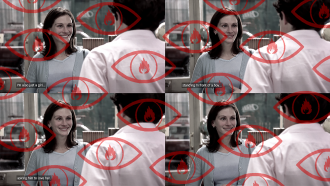 An image of four panels from a scene in the film Notting Hill, with Julia Roberts saying, I'm also just a girl, standing in front of a boy, asking him to love her. The panels are desaturated, and a repeated motif of an outline of a red eye and iris, with a flame-shaped pupil in red.