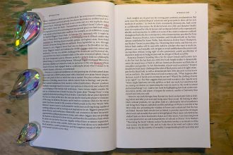 The image shows an open book with some words underlined in red. On the left side of the book are 3 drop-shaped crystals.