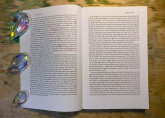 The image shows an open book with some words underlined in red. On the left side of the book are 3 drop-shaped crystals.