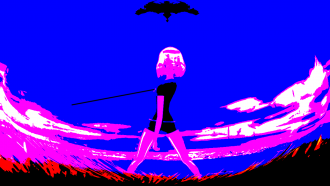 A fisheye, solarized appearance image of a person with a bob haircut and a staff blocking a black shape. The image is blue, pink, red, black, and white.