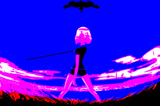 A fisheye, solarized appearance image of a person with a bob haircut and a staff blocking a black shape. The image is blue, pink, red, black, and white.