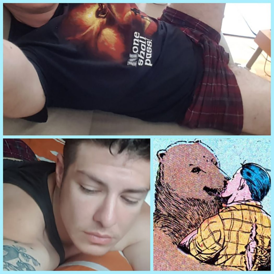Photo collage by Bard. It consists of three images, each with a bright blue frame. Two of them are selfies, one of his body in shorts and t-shirt lying on a bed, and one of his face also lying on a bed. The third image is a comic of a bear and a man kissing.