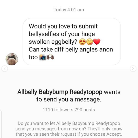 Screenshot by Laura Lulika of a message from an Eggochaser asking for bellyselfies. It reads "Would you love to submig bellyselfies of your huge swollen eggbelly. Can take diff belly angles anon too" adorned with some heart emojis. 