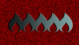 An image of 5 stylized flames on a red glitter background. The flames are next to one another in the middle of the frame, and are in a left to right gradient from black to light blue.