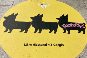 An image of a social distancing messaging sticker in the Berlin subway. The decal features 3 corgis in outline, indicating the appropriate distance.