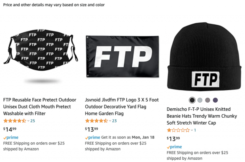 Three products from Amazon with FTP lettered in white on black. The products are a face mask, a flag, and a beanie hat. 