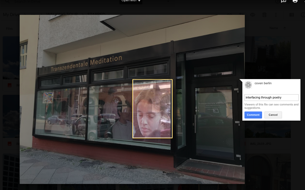 Shop front for a "trancendental meditation" centre.  A photo of a chidl with closed eyes is in the window.  Comment reads "Interfacing through poetry."