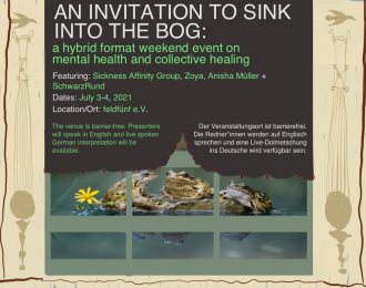 Three frogs sit on a lily pad, as seen through a window with decorated curtains. Text reads "An Invitation to sink into the Bog" July 3 and 4th, with some of the access information written in this article written on it.