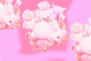 An image of three illustrated white bunnies with flowers behind them. They are on a pink background and there is a slight pink overlay as well.