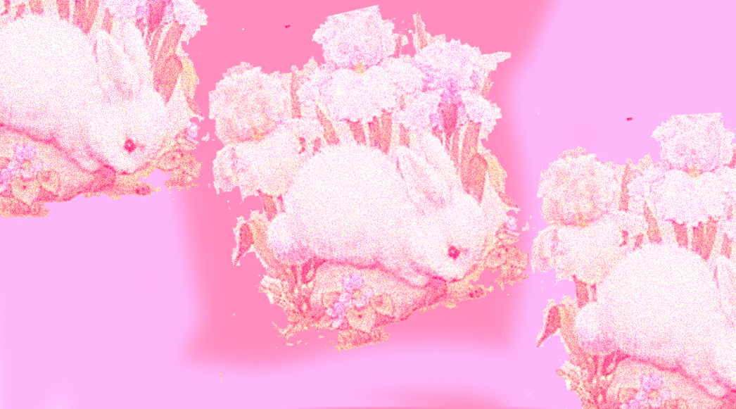 An image of three illustrated white bunnies with flowers behind them. They are on a pink background and there is a slight pink overlay as well.