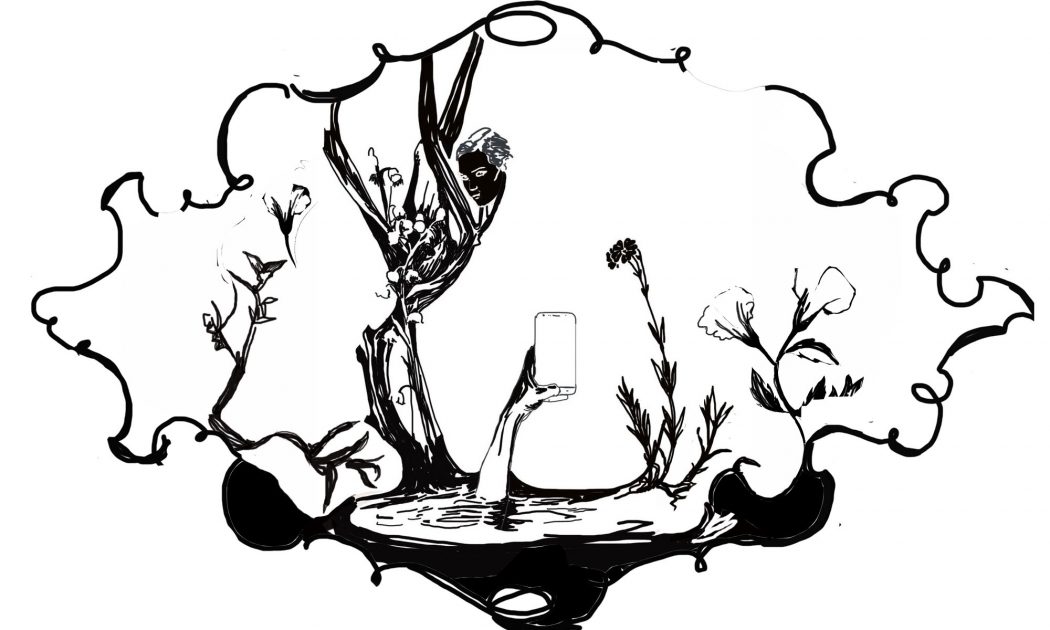 A black and white ink drawing of barren plants surrounded by a thin, wiggly border