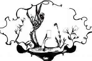 A black and white ink drawing of barren plants surrounded by a thin, wiggly border