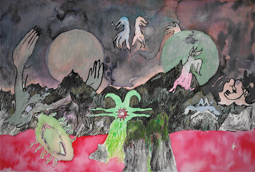 A surreal watercolour painting of a black sky, red sea, and green creatures. Many planets seem to rise in the sky, and there appear to be gohsts and amoebas coming out of the sea.