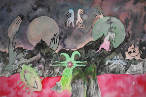 A surreal watercolour painting of a black sky, red sea, and green creatures. Many planets seem to rise in the sky, and there appear to be gohsts and amoebas coming out of the sea.
