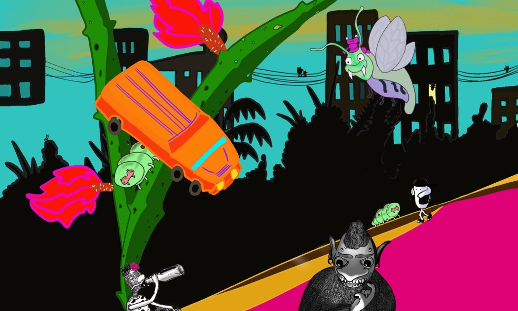 A colorful illustration of a bug-like troll figure, with cars and bugs and a cityscape in the background. The city is black, and the sky is turquoise, with a large green vine and pastel-colored bugs.
