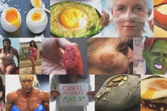 Collage of various chumbox advertisement thumbnails: images of people, skin, and runny eggs.