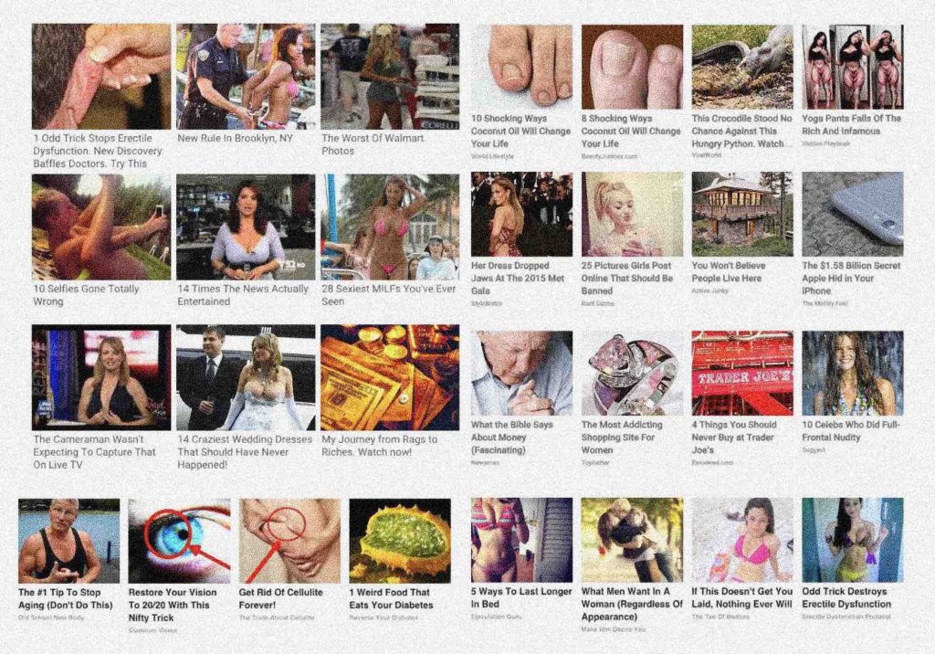 Collage of various chumbox advertisement thumbnails: images of people, feet, fruits and unidentifiable objects, with captions such as 'What the Bible Says About Money (Fascinating)' and '10 Selfies Gone Totally Wrong'.