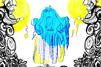 A four color image on a white background. In the center, three women wearing grecian dresses raise an offering toward the sky. They are outlined in blue with a light blue over color, and some yellow over wash on the bottom. On the edges, two piles of spirals sit under two black line illustrations of Lofi girl, a girl with bangs wearing headphones and a sweater and sitting with her head on one hand, looking pensive. A yellow circle is behind each illustration. The lofi girls face each other.