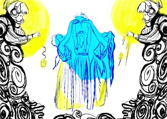 A four color image on a white background. In the center, three women wearing grecian dresses raise an offering toward the sky. They are outlined in blue with a light blue over color, and some yellow over wash on the bottom. On the edges, two piles of spirals sit under two black line illustrations of Lofi girl, a girl with bangs wearing headphones and a sweater and sitting with her head on one hand, looking pensive. A yellow circle is behind each illustration. The lofi girls face each other.